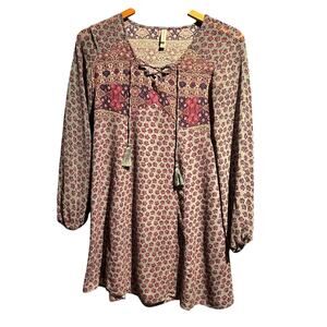 Xhiliration Tunic/Mini Micro Dress Size XS Boho Cottage Floral Tassel Ties